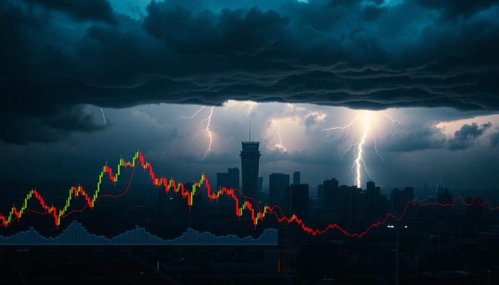 A dramatic, cinematic view of volatile cryptocurrency charts against a stormy, ominous sky. In the foreground, a series of brightly colored line graphs and candlestick charts depicting the dramatic price fluctuations of various cryptocurrencies. The charts cast an eerie glow, reflecting the uncertainty and risk inherent in the volatile crypto market. In the middle ground, a cityscape of towering skyscrapers and futuristic architecture, representing the digital, technological nature of the crypto world. The background is dominated by a dark, brooding sky, with ominous storm clouds and flashes of lightning, symbolizing the volatility and unpredictability of the cryptocurrency landscape. Stark, high-contrast lighting casts deep shadows, heightening the sense of drama and tension. A dramatic, cinematic view of volatile cryptocurrency charts against a stormy, ominous sky. In the foreground, a series of brightly colored line graphs and candlestick charts depicting the dramatic price fluctuations of various cryptocurrencies. The charts cast an eerie glow, reflecting the uncertainty and risk inherent in the volatile crypto market. In the middle ground, a cityscape of towering skyscrapers and futuristic architecture, representing the digital, technological nature of the crypto world. The background is dominated by a dark, brooding sky, with ominous storm clouds and flashes of lightning, symbolizing the volatility and unpredictability of the cryptocurrency landscape. Stark, high-contrast lighting casts deep shadows, heightening the sense of drama and tension.