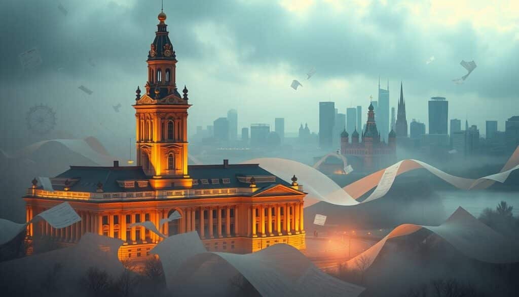 A dramatic landscape depicting the state budget of Latvia. In the foreground, a towering government building with ornate architecture stands proudly, its facades illuminated by warm, golden lighting. Surrounding it, a sea of intricate financial documents, graphs, and balance sheets swirl in a whirlwind, symbolizing the complexities of the nation's fiscal policies. In the distance, a skyline of modern skyscrapers and traditional spires creates a striking contrast, reflecting the country's economic dynamism. The scene is bathed in a soft, hazy atmosphere, conveying a sense of gravity and importance. The overall composition evokes a sense of the weight and significance of the state budget, a critical component of Latvia's economic landscape. A dramatic landscape depicting the state budget of Latvia. In the foreground, a towering government building with ornate architecture stands proudly, its facades illuminated by warm, golden lighting. Surrounding it, a sea of intricate financial documents, graphs, and balance sheets swirl in a whirlwind, symbolizing the complexities of the nation's fiscal policies. In the distance, a skyline of modern skyscrapers and traditional spires creates a striking contrast, reflecting the country's economic dynamism. The scene is bathed in a soft, hazy atmosphere, conveying a sense of gravity and importance. The overall composition evokes a sense of the weight and significance of the state budget, a critical component of Latvia's economic landscape.