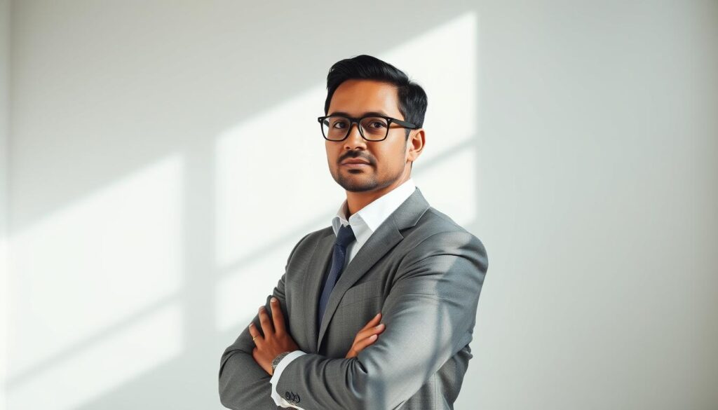 A dynamic and visually compelling professional profile portrait. A well-dressed individual stands in a modern, minimalist studio setting, with natural lighting illuminating their confident, business-oriented pose. The frame is composed to showcase the subject's polished appearance and attentive expression, conveying a sense of authority and expertise. Subtle gradients and textures in the background create depth and visual interest, while the overall tone is sophisticated and polished, reflecting the professionalism of the individual.