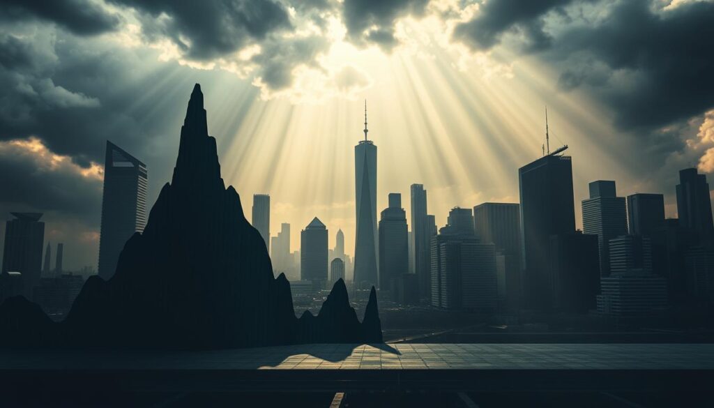 A dynamic and volatile financial market, with jagged fluctuations in stock prices, exchange rates, and commodity values. In the foreground, a towering graph charting the turbulent rise and fall of key financial indicators, casting long shadows across the scene. The middle ground features a backdrop of city skylines, their glass towers reflecting the unsettled state of the economy. Dramatic lighting, with shafts of light piercing through stormy clouds, creates an atmosphere of uncertainty and unease. The overall composition conveys the sense of a financial landscape in flux, where policymakers must navigate a complex and rapidly changing environment.