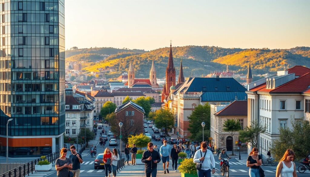 A dynamic cityscape of Zagreb, the capital of Croatia, showcasing the thriving fintech industry. In the foreground, a modern glass and steel skyscraper housing a fintech startup, its sleek design reflecting the innovative spirit of the sector. The middle ground features bustling streets lined with tech-savvy millennials, engaged in vibrant discussions and transactions on their mobile devices. In the background, the iconic spires of historic cathedrals and the lush green hills of the city's natural surroundings, blending the old and the new. Warm, golden lighting casts a glow over the scene, capturing the energy and progress of Croatia's evolving financial technology landscape.