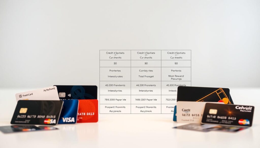 A dynamic comparison of credit card offers, showcasing a sleek, modern layout. In the foreground, various credit cards are neatly arranged, each with distinct designs and logos, creating a visually engaging display. The midground features a minimalist, elegant table-like structure, allowing for easy comparison of key details such as annual fees, interest rates, and rewards programs. The background is a soft, neutral palette, gently blurring to draw the viewer's focus to the central comparison. Subtle lighting casts a subtle glow, highlighting the refined, professional atmosphere. The overall composition conveys a sense of informed decision-making and financial savvy, perfectly suited to illustrate the article's section on "Comparing Bank Credit Card Promotions and Fees".