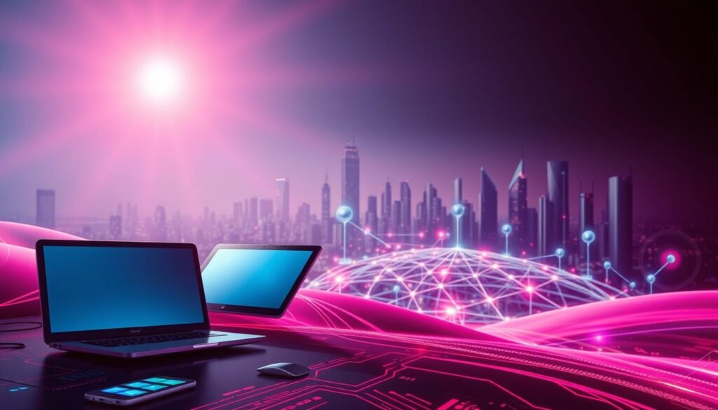 A dynamic, futuristic digital strategy landscape. Sleek, minimalist digital devices and interfaces in the foreground, symbolizing technological innovation. In the middle ground, a stylized network of interconnected nodes and data flows, representing the digital ecosystem. The background features an abstract, gradient-based cityscape, hinting at the urban, high-tech environment. Bright, vivid colors create an energetic, forward-thinking atmosphere. Dramatic, cinematic lighting from multiple angles illuminates the scene, casting sharp shadows and highlights. The overall composition conveys a sense of progress, agility, and digital transformation.