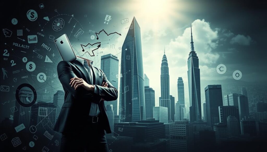 A dynamic, high-contrast image showcasing an "aggressive investment strategy". In the foreground, a confident investor stands amidst a swirling maelstrom of financial data, charts, and icons, conveying a sense of bold, decisive action. The middle ground features a series of towering, angular skyscrapers, their sharp lines and monolithic forms reflecting an unyielding, ambitious mindset. In the background, an abstract, almost chaotic cityscape pulses with energy, hinting at the fast-paced, high-stakes world of aggressive investing. The lighting is dramatic, with sharp shadows and highlights accentuating the dynamic, tension-filled atmosphere. The overall composition and mood evoke a sense of calculated risk, unwavering confidence, and the relentless pursuit of financial gain.