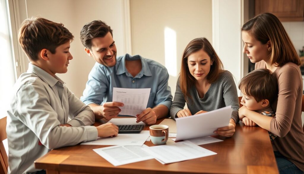 A family of four seated around a kitchen table, meticulously reviewing a personal finance budget. The father in a collared shirt and the mother in a blouse, their expressions focused and thoughtful. Their two children, a boy and a girl, lean in attentively. The table is scattered with papers, a calculator, and a warm cup of coffee, creating a cozy yet serious atmosphere. Soft natural lighting streams in through a window, illuminating the scene. The background shows a simple, modest home interior, hinting at the modest means of the family. The overall mood is one of diligent care and responsibility, as the family works together to manage their household finances.
