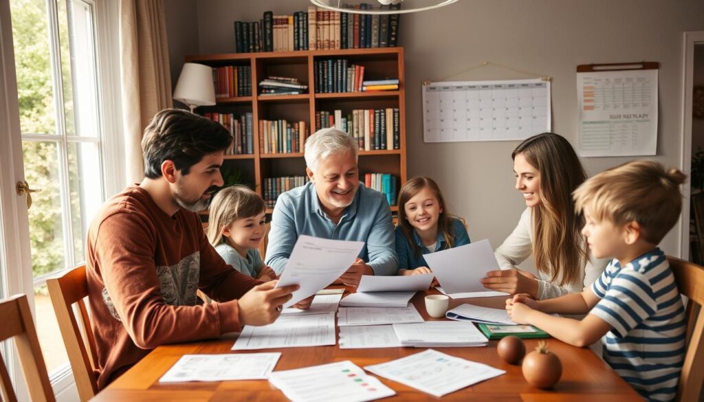 A family sitting around a dining table, engaged in a discussion about their household finances. The scene is warm and inviting, with natural lighting pouring in through large windows. The parents and children are gathered, papers and documents spread out, expressions serious yet thoughtful as they review their budget and make plans together. In the background, a bookshelf filled with financial planning guides and a wall calendar mark the passage of time. The composition emphasizes the collaborative nature of family financial management, with an atmosphere of openness, trust, and shared responsibility.