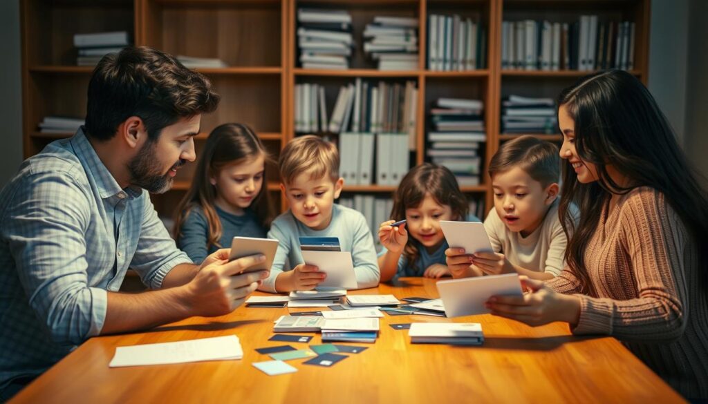 A family sitting around a wooden table, examining and discussing various credit cards. The scene is bathed in warm, soft lighting, creating a cozy, intimate atmosphere. In the foreground, a couple carefully reviewing card details, while in the middle ground, their children observe curiously. The background features a bookshelf filled with financial documents, hinting at the serious nature of the decision-making process. The family's body language and expressions convey a sense of collaboration and careful consideration as they navigate the options for the best family credit card.