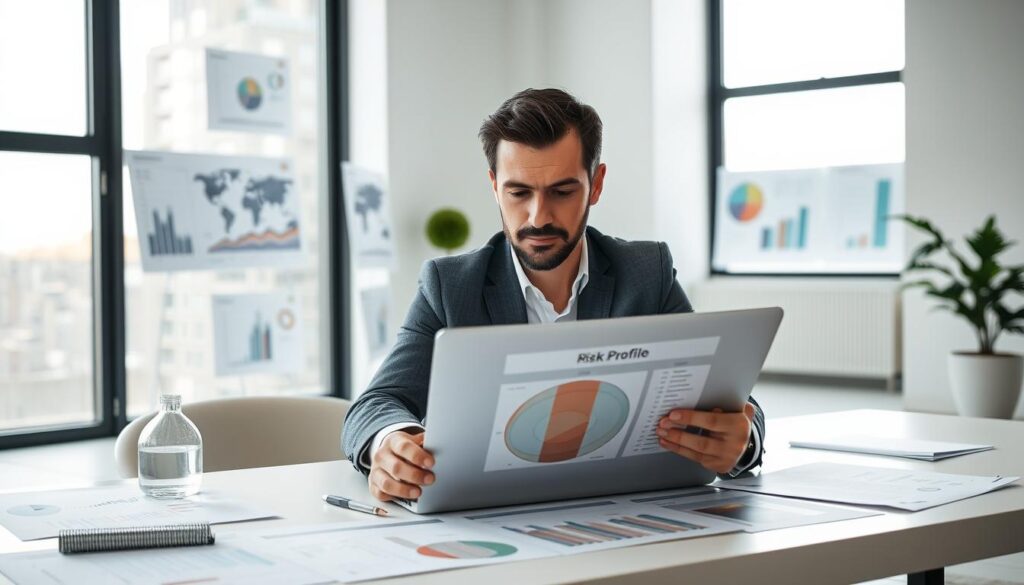 A financial advisor analyzing a risk profile chart on a laptop, surrounded by graphs, charts, and other financial data visualizations. The scene is set in a modern, minimalist office with large windows, allowing natural light to pour in and create a calm, professional atmosphere. The advisor's expression is focused and thoughtful as they review the client's risk tolerance and investment preferences. The overall composition highlights the importance of understanding one's risk profile to make informed financial decisions.