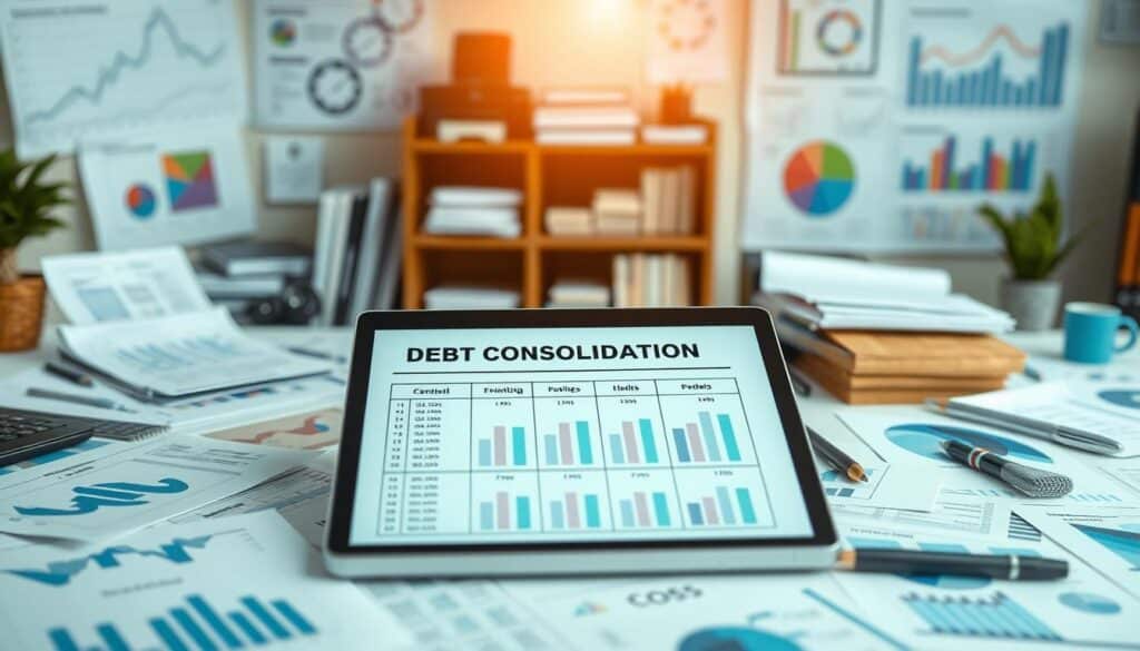 A financial planning office, filled with intricate charts and graphs, illuminating the complex process of debt consolidation. In the foreground, a desk with a laptop, displaying a debt repayment plan, surrounded by neatly organized financial documents. The middle ground showcases various financial tools and resources, meticulously arranged, conveying a sense of control and organization. The background features a warm, natural lighting, casting a soft glow over the scene, creating a calming and professional atmosphere. The overall composition emphasizes the importance of strategic debt management and the empowering process of financial planning.