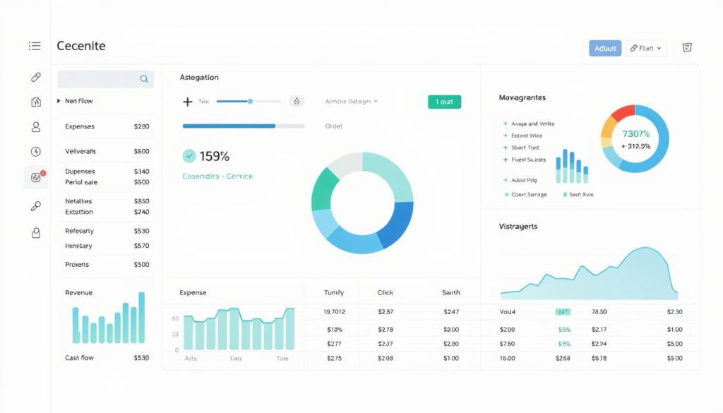 A flexible, adaptable budget, with smooth transitions between sections and intuitive navigation. A clean, modern layout with plenty of white space, allowing key figures to stand out. Subtle gradients and geometric patterns in shades of blue and green, conveying a sense of stability and control. A central pie chart or bar graph displays budget categories, with sliders or dials to adjust allocations. Surrounding this are smaller visualizations tracking expenses, revenue, and cash flow - all updated in real-time to reflect changes. The overall impression is one of precision, responsiveness, and the ability to confidently navigate an uncertain financial landscape.