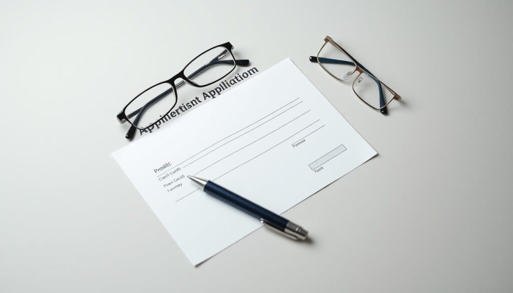 A formal, professional-looking credit card application form lying on a clean, uncluttered desk. The application is placed in the center of the frame, with a pen and a pair of eyeglasses positioned neatly alongside it. The lighting is soft and even, creating a sense of clarity and attention to detail. The background is a muted, neutral color, allowing the application form to be the main focus of the image. The overall composition conveys a sense of organization, responsibility, and the process of applying for one's first credit card.