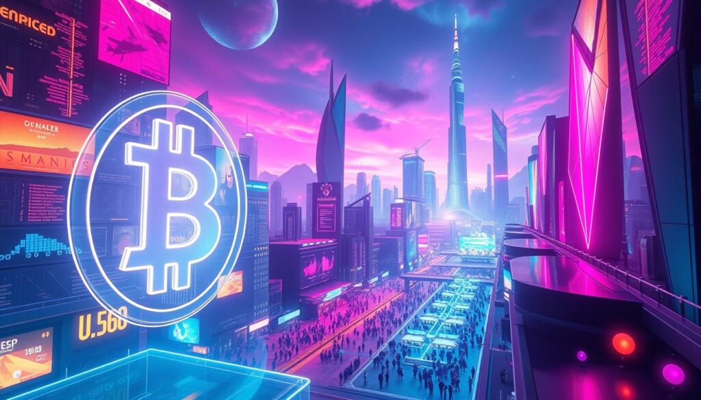 A futuristic cityscape, illuminated by a vibrant array of holographic displays and neon-infused skyscrapers. In the foreground, a holographic projection of a digital cryptocurrency symbol hovers, casting an ethereal glow across the scene. The middle ground features a bustling hub of activity, with crowds of people interacting with advanced augmented reality interfaces. In the background, towering structures in sleek, angular designs reach towards a vibrant, almost alien-like sky, hinting at the technological advancements and innovations that shape this vision of the future. The atmosphere is one of excitement, progress, and the boundless potential of virtual currency and its impact on society.