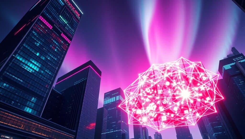 A futuristic cityscape with towering skyscrapers made of sleek glass and steel, their facades reflecting the vibrant neon lights of holographic displays. In the foreground, a cluster of glowing, geometric digital assets float and intertwine, their complex structures hinting at the intricate world of cryptocurrency and blockchain technology. The sky is ablaze with an aurora borealis-like phenomenon, casting a mesmerizing glow over the entire scene. The lighting is dramatic, with deep shadows and highlights that accentuate the dynamic, technological atmosphere. The camera angle is a low, wide shot that emphasizes the scale and grandeur of the digital metropolis, inviting the viewer to immerse themselves in this futuristic realm of virtual wealth and innovation.