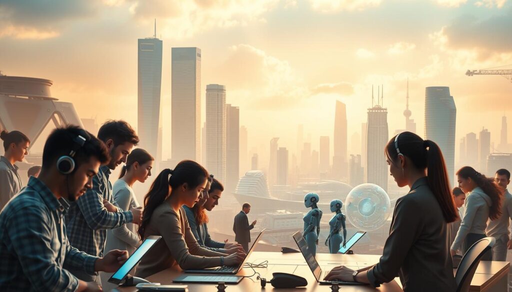 A futuristic landscape showcasing the skills and competencies needed for the workforce of tomorrow. In the foreground, a diverse group of individuals engage in a variety of tasks, from coding and data analysis to virtual collaboration and problem-solving. The middle ground features a blend of advanced technologies, from sleek robotic assistants to holographic displays, all working in harmony to enhance human capabilities. In the background, a cityscape of gleaming skyscrapers and state-of-the-art infrastructure reflects the rapid evolution of the modern workplace. Warm, diffused lighting creates an atmosphere of innovation and progress, while a subtle color palette of blues, greens, and metallic accents evokes a sense of balance and unity between humanity and technology.