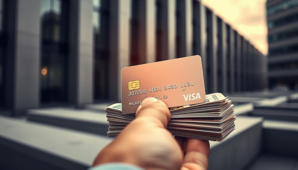 A gleaming metal credit card emerges from a crisp stack of cash, casting a warm glow against a backdrop of sleek modern architecture. The card's surface reflects the angular lines and muted tones of the urban setting, evoking a sense of financial sophistication. In the foreground, a hand reaches out, fingers poised to grasp the card, hinting at the tangible rewards and savings unlocked by responsible credit card use. Subtle highlights and shadows accentuate the card's curves, while a shallow depth of field keeps the focus on the central cashback concept. The overall atmosphere conveys a balance of practicality and visual appeal, capturing the essence of the "Preemiad, cashback ja nende varjud kulud" section.