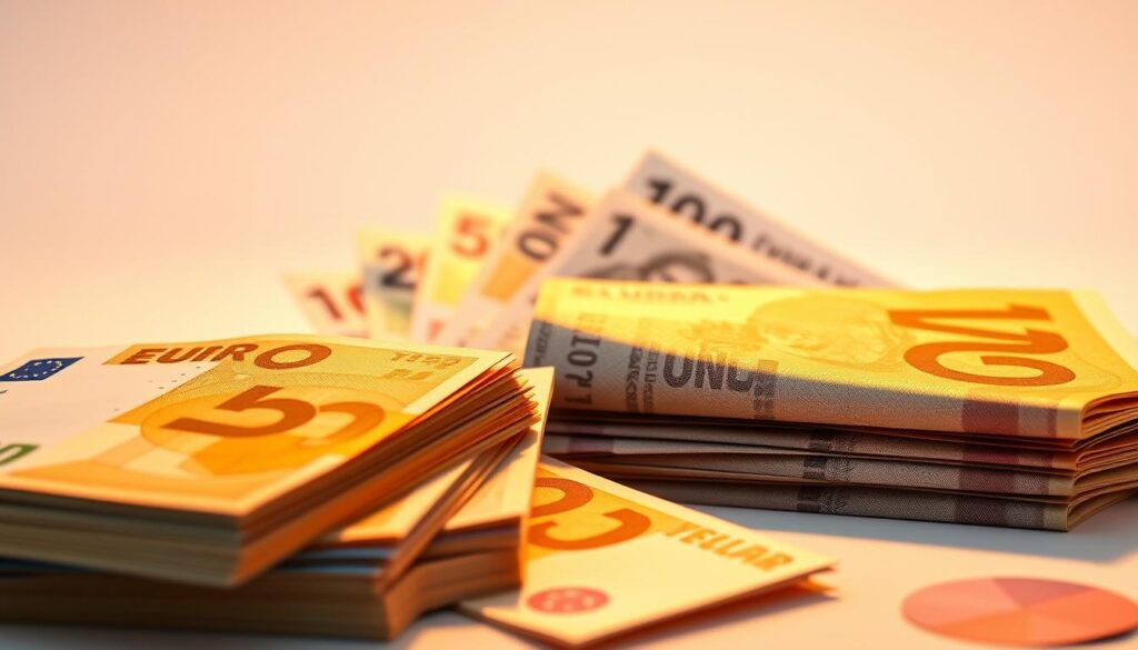 A gleaming stack of international currencies, including euro, dollar, and yen banknotes, arranged in an orderly display. The bills are backlit by warm, golden lighting, casting a soft, luxurious glow. The foreground features a crisp, high-resolution close-up of the different bills, showcasing their intricate designs and security features. In the middle ground, the currencies are arranged in an eye-catching, geometric pattern, suggesting the complexity and interconnectedness of global finance. The background is a clean, minimal backdrop, allowing the vibrant colors and textures of the money to take center stage. The overall composition conveys a sense of wealth, power, and the importance of managing international financial transactions.