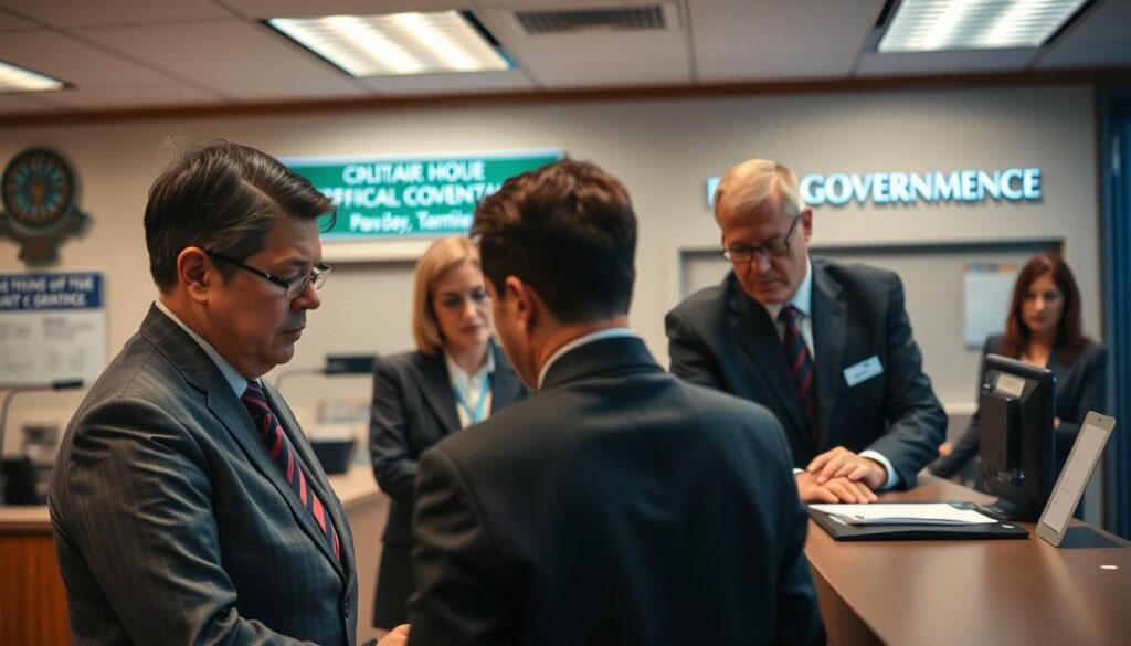 A government office interior with officials in formal attire assisting a concerned-looking person at a counter. The scene is well-lit with warm, professional lighting, captured from a slightly elevated angle to convey a sense of authority and organization. The background features modern, functional decor and signage indicating the type of government agency. The officials' expressions and body language suggest a helpful, reassuring demeanor as they guide the individual through the process of resolving an identity-related issue.