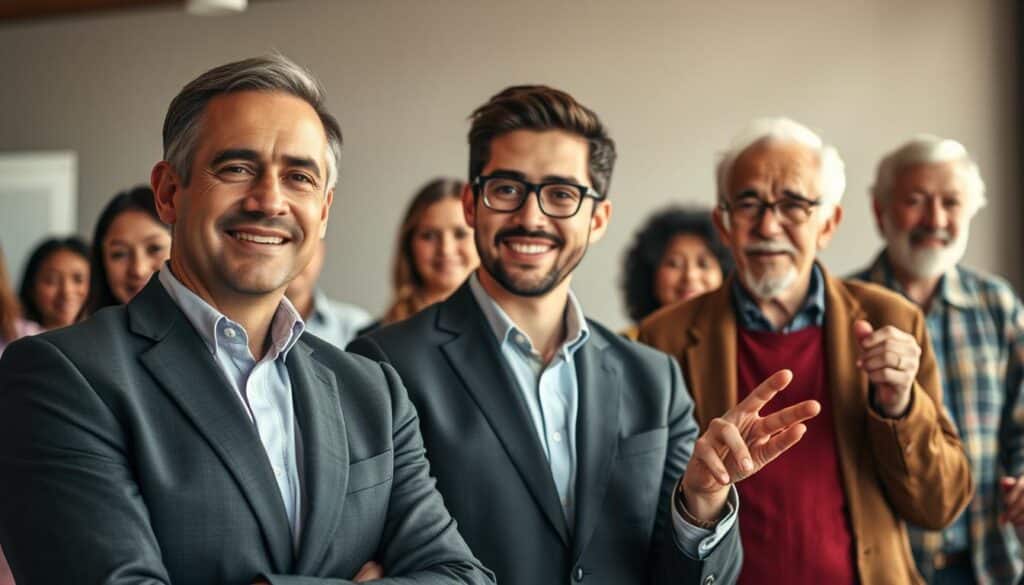 A group of diverse individuals, each with a unique story, gathered in a warm and inviting setting. In the foreground, a middle-aged professional in a smart, crisp suit smiles confidently, radiating a sense of trust and reliability. Beside them, a young, vibrant entrepreneur gesticulates enthusiastically, conveying a spirit of innovation and progress. In the background, an elderly retiree nods approvingly, their face lined with the wisdom of experience. The lighting is soft and natural, casting a subtle glow that enhances the sincerity of the scene. The composition is well-balanced, drawing the viewer's eye to the central figures and creating a sense of harmony and community. This image captures the essence of "Testemunhos e casos reais de utilizadores" - real people sharing their authentic experiences with Millennium BCP's flexible payment options and travel benefits. A group of diverse individuals, each with a unique story, gathered in a warm and inviting setting. In the foreground, a middle-aged professional in a smart, crisp suit smiles confidently, radiating a sense of trust and reliability. Beside them, a young, vibrant entrepreneur gesticulates enthusiastically, conveying a spirit of innovation and progress. In the background, an elderly retiree nods approvingly, their face lined with the wisdom of experience. The lighting is soft and natural, casting a subtle glow that enhances the sincerity of the scene. The composition is well-balanced, drawing the viewer's eye to the central figures and creating a sense of harmony and community. This image captures the essence of "Testemunhos e casos reais de utilizadores" - real people sharing their authentic experiences with Millennium BCP's flexible payment options and travel benefits.