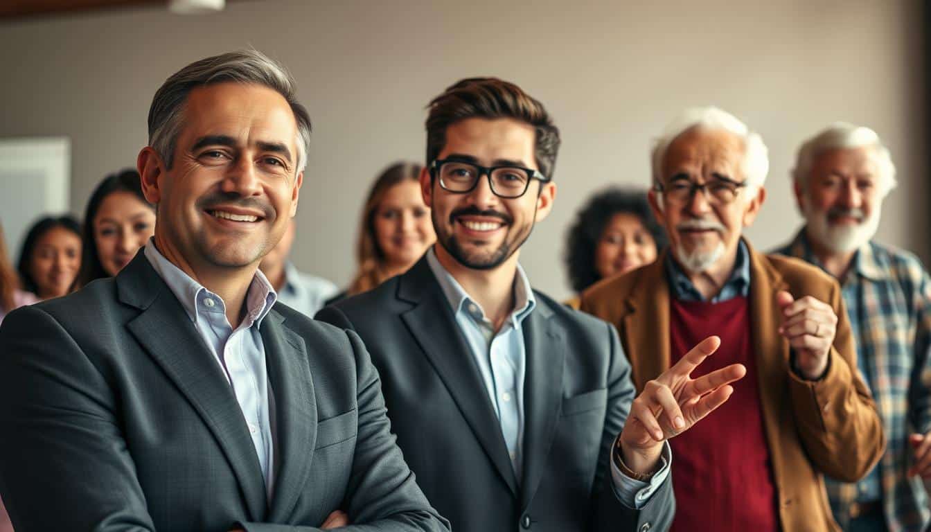 A group of diverse individuals, each with a unique story, gathered in a warm and inviting setting. In the foreground, a middle-aged professional in a smart, crisp suit smiles confidently, radiating a sense of trust and reliability. Beside them, a young, vibrant entrepreneur gesticulates enthusiastically, conveying a spirit of innovation and progress. In the background, an elderly retiree nods approvingly, their face lined with the wisdom of experience. The lighting is soft and natural, casting a subtle glow that enhances the sincerity of the scene. The composition is well-balanced, drawing the viewer's eye to the central figures and creating a sense of harmony and community. This image captures the essence of "Testemunhos e casos reais de utilizadores" - real people sharing their authentic experiences with Millennium BCP's flexible payment options and travel benefits.