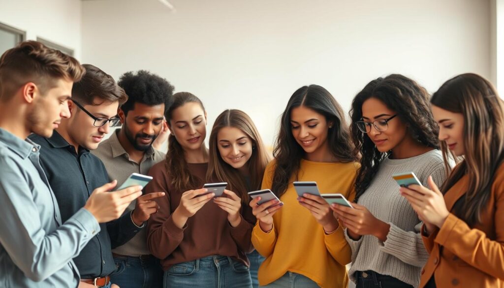 A group of young, diverse adults gathered in a modern, minimalist office setting, focused intently on navigating the user-friendly interface of their newly acquired credit cards. Warm, natural lighting illuminates their expressions of concentration and slight apprehension as they explore the features and options, representing the experience of first-time credit card users. The scene conveys a sense of financial empowerment and responsible decision-making, with a touch of uncertainty as they embark on this new chapter of their financial journey.