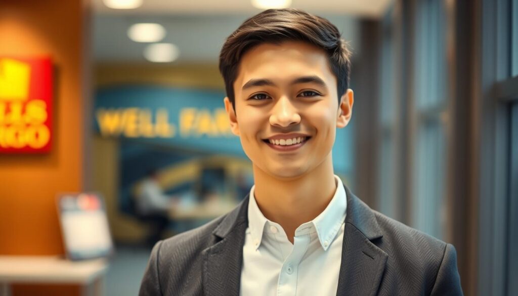 A headshot portrait of a young professional Wells Fargo customer with a friendly, approachable expression. The subject is in smart casual attire, looking directly at the camera against a blurred background of a modern office or banking environment. The lighting is soft and flattering, creating a warm, inviting atmosphere. The composition is centered and balanced, with the subject's face and upper torso filling the frame. The overall tone is one of trust, reliability, and financial security, reflecting the key features of the Wells Fargo Active Cash card. A headshot portrait of a young professional Wells Fargo customer with a friendly, approachable expression. The subject is in smart casual attire, looking directly at the camera against a blurred background of a modern office or banking environment. The lighting is soft and flattering, creating a warm, inviting atmosphere. The composition is centered and balanced, with the subject's face and upper torso filling the frame. The overall tone is one of trust, reliability, and financial security, reflecting the key features of the Wells Fargo Active Cash card.