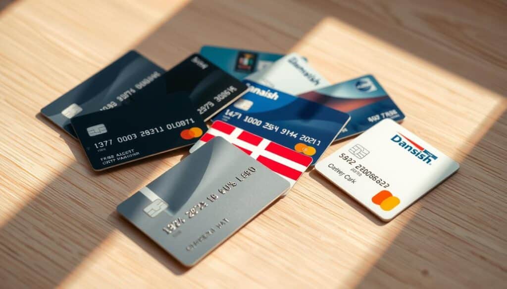 A high-angle, close-up view of various Danish bank credit cards arranged neatly on a wooden surface. The cards feature distinct logos and designs, showcasing the diversity of popular credit card offerings from Danish financial institutions. The lighting is warm and natural, casting soft shadows that add depth and texture to the scene. The background is slightly blurred, creating a sense of focus on the credit cards themselves. The overall composition is clean, minimalist, and professional, reflecting the sophistication and reliability of the Danish banking system.