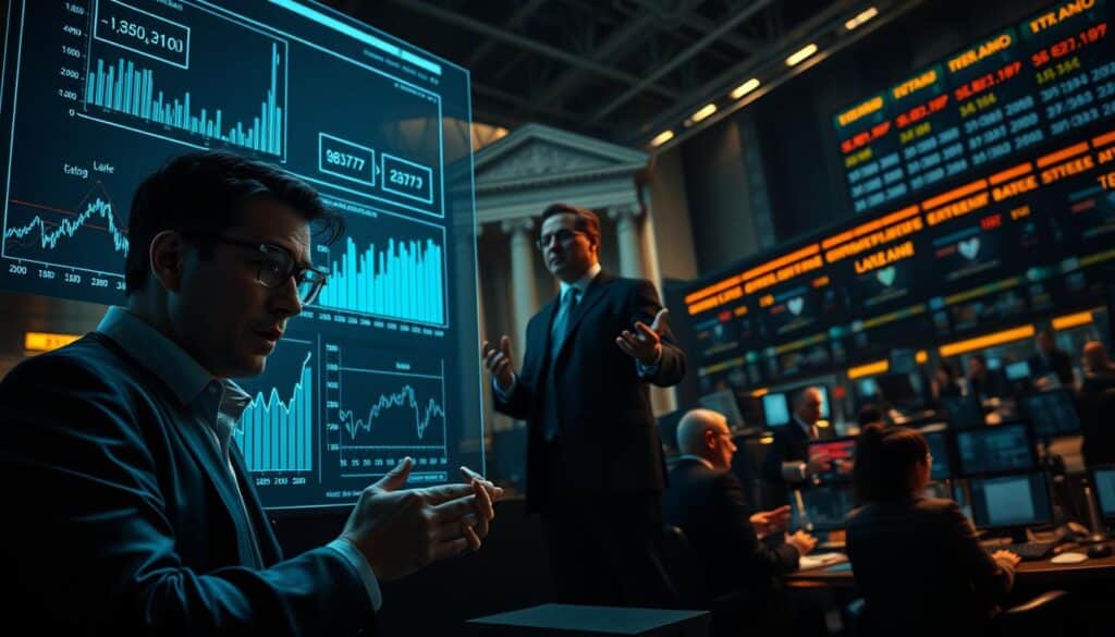 A high-contrast, cinematic scene depicting the key factors that influence interest rate fluctuations. In the foreground, a financial analyst studying a holographic display of charts and graphs, their expression pensive as they analyze the interplay of economic indicators. In the middle ground, a central bank governor addressing a panel, gesticulating towards a projected visualization of monetary policy tools. In the background, a bustling trading floor, traders monitoring real-time data feeds and placing trades. Dramatic lighting casts sharp shadows, highlighting the gravity and complexity of the forces that shape interest rate dynamics.