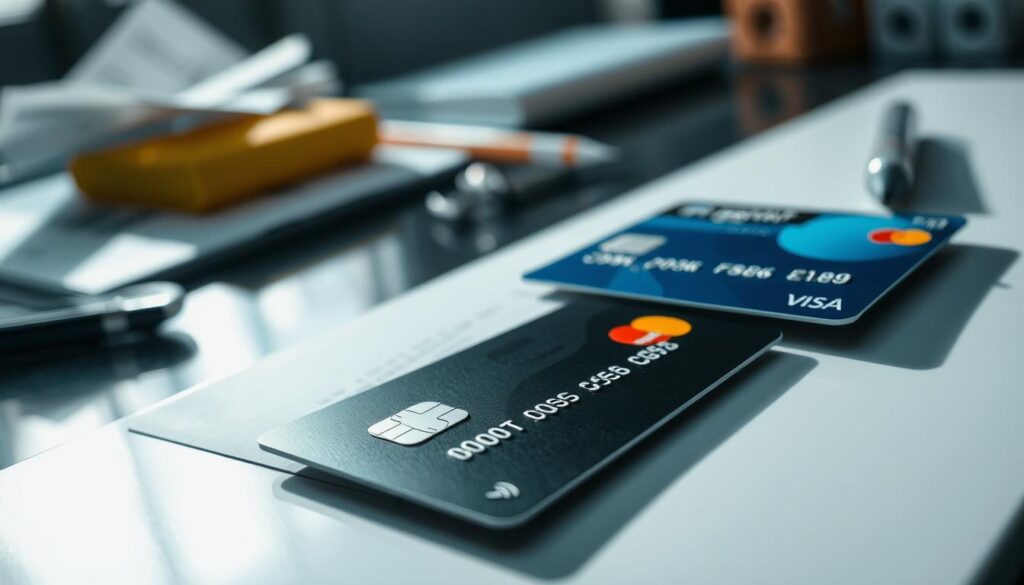 A high-contrast, close-up photograph of various credit card-related charges and fees laid out on a sleek, modern surface. The cards and their details are prominently featured in the foreground, with a blurred background of financial documents and office supplies. The lighting is crisp and directional, casting dramatic shadows to accentuate the textures and materials. The overall mood is one of careful consideration and attention to detail, reflecting the importance of understanding credit card terms and conditions. The composition is balanced and visually appealing, drawing the viewer's eye to the key elements.