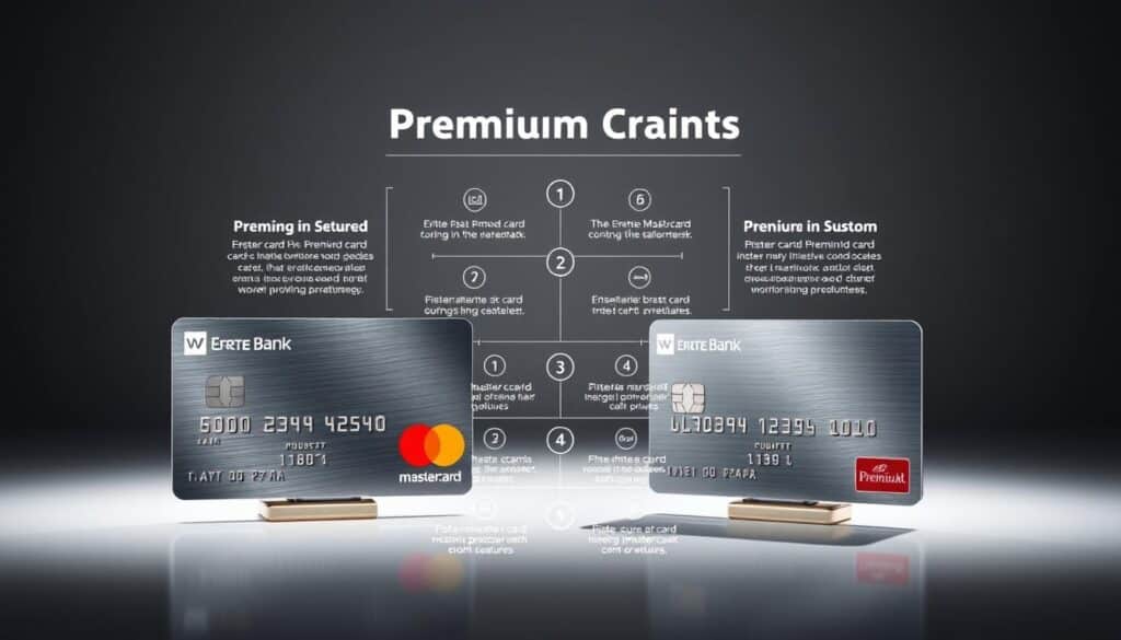 A high-contrast comparison of two premium credit cards, presented in a clean, minimalist style. In the foreground, the Erste Bank Premiumcard Mastercard and a competing premium card are displayed side-by-side, their metallic surfaces gleaming under dramatic studio lighting. The mid-ground showcases the key features of each card in a crisp, infographic-style layout. In the background, a softly blurred abstract pattern evokes the secure, exclusive atmosphere of the premium card experience. The composition is balanced and symmetrical, emphasizing the direct contrast between the two products. Overall, the image conveys a sense of quality, prestige, and informed decision-making. A high-contrast comparison of two premium credit cards, presented in a clean, minimalist style. In the foreground, the Erste Bank Premiumcard Mastercard and a competing premium card are displayed side-by-side, their metallic surfaces gleaming under dramatic studio lighting. The mid-ground showcases the key features of each card in a crisp, infographic-style layout. In the background, a softly blurred abstract pattern evokes the secure, exclusive atmosphere of the premium card experience. The composition is balanced and symmetrical, emphasizing the direct contrast between the two products. Overall, the image conveys a sense of quality, prestige, and informed decision-making.