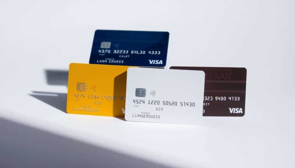 A high-contrast, crisp image of four stacked credit cards of varying colors and designs, arranged in a grid-like pattern against a clean, minimal background. The cards are illuminated from the side, casting subtle shadows that add depth and dimensionality. The overall composition is balanced and visually appealing, drawing the viewer's attention to the nuanced differences between the cards. The lighting and camera angle highlight the textural elements, such as embossed logos and shiny, reflective surfaces, to create a sense of tactility and materiality. The image conveys a sense of comparison and evaluation, encouraging the viewer to closely examine the unique features and benefits of each card.