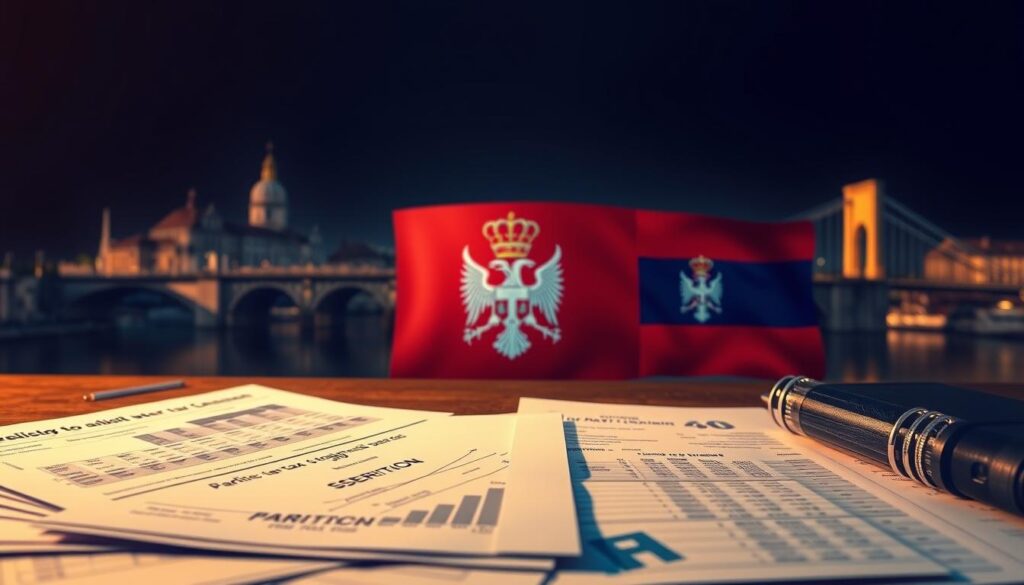 A high-contrast, detailed illustration of various tax optimization strategies for investors in Serbia. In the foreground, a portfolio of financial documents, forms, and tax calculations. In the middle ground, a 3D render of the Serbian flag and national emblem, symbolizing the local fiscal landscape. In the background, architectural elements like buildings and bridges, representing the broader economic environment. The scene is illuminated by a warm, dramatic lighting, conveying a sense of gravitas and importance. The overall mood is one of professional diligence, careful planning, and financial prudence.