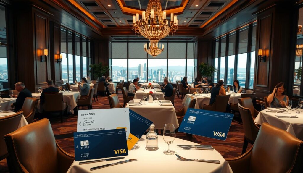 A high-end restaurant interior with elegant dining tables set for an upscale dining experience. Plush chairs and crisp white linens create a sophisticated ambiance. In the foreground, an array of luxurious rewards or benefits are displayed, such as premium credit cards, reward points, and exclusive dining privileges. The middle ground features well-dressed patrons enjoying their meals, while the background showcases a beautifully decorated space with ornate chandeliers, rich wood paneling, and floor-to-ceiling windows overlooking a picturesque cityscape. The lighting is warm and inviting, creating a sense of exclusivity and indulgence.