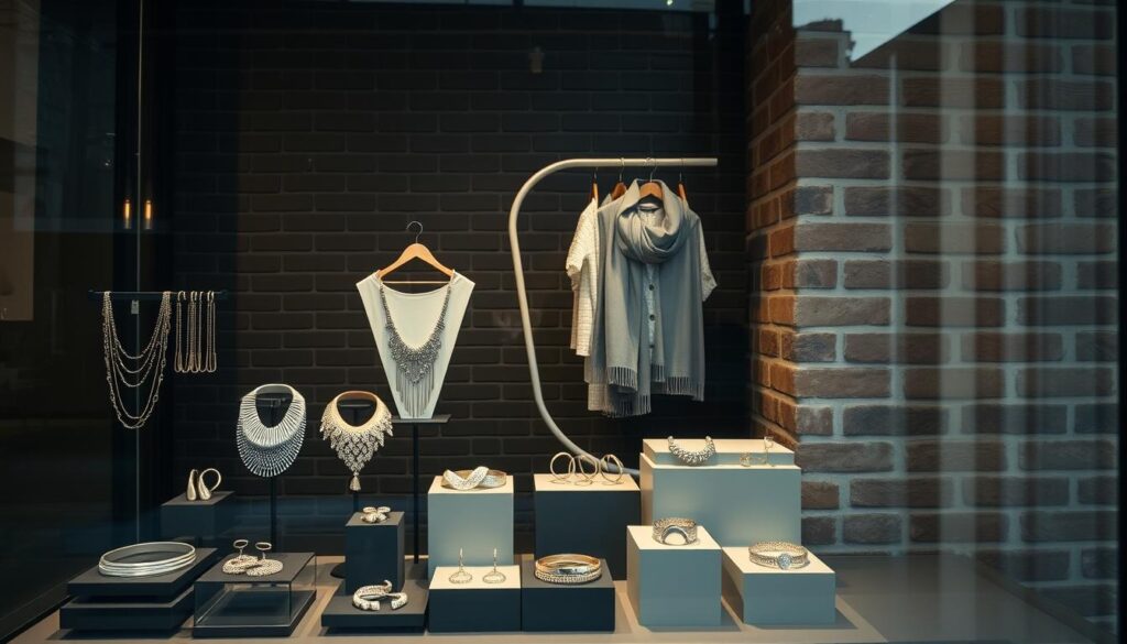A high-fashion window display in a chic urban boutique, showcasing a curated collection of the season's most stylish accessories. In the foreground, a sleek glass display case features an array of gleaming metallic necklaces, bracelets, and earrings, artfully arranged against a backdrop of soft, moody lighting. In the middle ground, a sculptural, minimalist clothing rack displays a selection of elegant, subtly patterned scarves and belts. The background is a richly textured brick wall, adding an industrial edge to the refined, high-end aesthetic. The overall atmosphere is one of modern sophistication and effortless style, inviting the viewer to imagine the perfect accessory to complement their wardrobe. A high-fashion window display in a chic urban boutique, showcasing a curated collection of the season's most stylish accessories. In the foreground, a sleek glass display case features an array of gleaming metallic necklaces, bracelets, and earrings, artfully arranged against a backdrop of soft, moody lighting. In the middle ground, a sculptural, minimalist clothing rack displays a selection of elegant, subtly patterned scarves and belts. The background is a richly textured brick wall, adding an industrial edge to the refined, high-end aesthetic. The overall atmosphere is one of modern sophistication and effortless style, inviting the viewer to imagine the perfect accessory to complement their wardrobe.