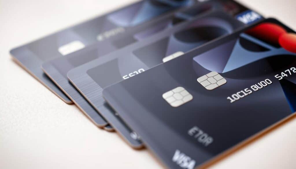 A high-quality, close-up shot of several credit cards, perfectly aligned and arranged in an appealing composition. The cards should display a sleek, modern design with clean lines, metallic accents, and striking graphics that capture the essence of Slovenia's top banking products. Showcase the cards against a soft, neutral background that allows the details to shine. Utilize balanced, natural lighting that creates depth and highlights the cards' textures and materials. Capture the cards from a slightly elevated angle to convey a sense of sophistication and prestige, reflecting the excellence of Slovenia's banking industry.
