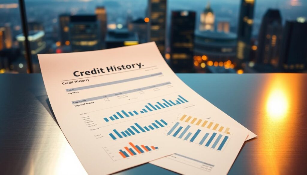A high-quality credit history report presented on a sleek metallic background. In the foreground, a series of financial documents and charts against a backdrop of a modern city skyline, conveying the importance of credit management for one's financial well-being. Warm lighting casts a subtle glow, creating a sense of professionalism and reliability. The composition emphasizes the interplay between personal finance and the urban landscape, reflecting the symbiotic relationship between an individual's credit history and their overall financial standing within the larger economic ecosystem.