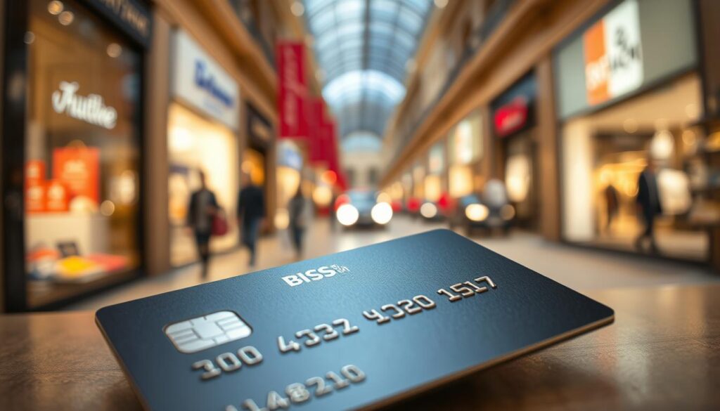A high-quality, detailed image of a credit card with vibrant colors, subtle reflections, and a sleek, modern design. The card is positioned in the foreground, showcasing its textured surface, embossed logo, and metallic accents. The middle ground features a blurred, out-of-focus scene of a bustling shopping street, with people walking, storefronts, and vehicles in the background. The lighting is soft and diffused, creating a warm, inviting atmosphere that evokes a sense of casual luxury and indulgence associated with credit card-enabled shopping experiences.