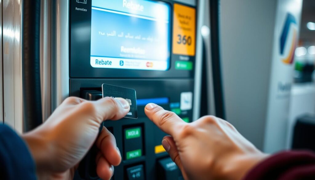 A high-quality, detailed image of a gas pump dispensing fuel, with a consumer's hand holding a credit card and pointing to the "Rebate" or "Reembolso" button on the pump interface. The scene is captured in a well-lit, modern gas station setting, with a clear view of the pump display, subtle branding, and a sense of financial transaction and reward. The composition balances the key elements - the gas pump, the hand, and the interactive interface - to visually convey the concept of "reembolso en gasolina" or fuel rebate. A high-quality, detailed image of a gas pump dispensing fuel, with a consumer's hand holding a credit card and pointing to the "Rebate" or "Reembolso" button on the pump interface. The scene is captured in a well-lit, modern gas station setting, with a clear view of the pump display, subtle branding, and a sense of financial transaction and reward. The composition balances the key elements - the gas pump, the hand, and the interactive interface - to visually convey the concept of "reembolso en gasolina" or fuel rebate.