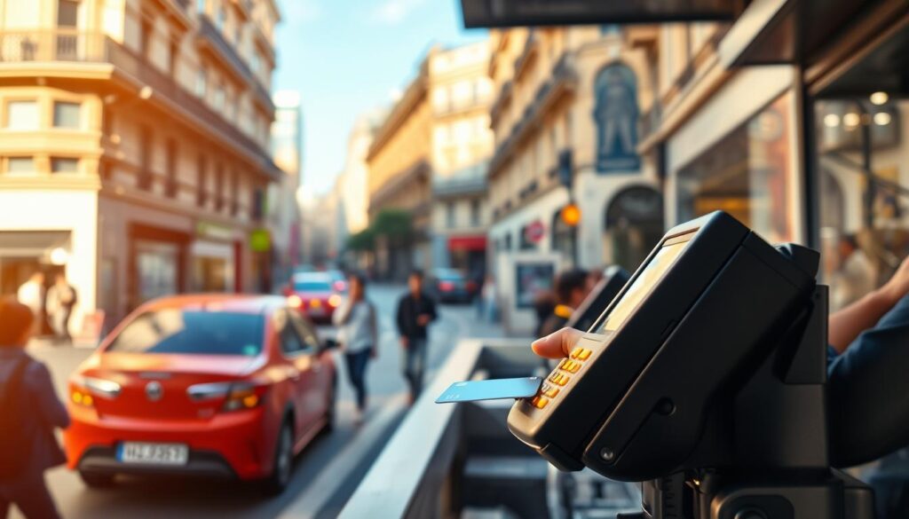 A high-quality, detailed image of a person using a credit card at a point-of-sale terminal in a foreign country. The scene should be set in a bustling urban environment, with buildings, pedestrians, and traffic visible in the background. The person should be casually dressed, focused on the transaction, with the credit card and terminal clearly visible in the foreground. The lighting should be bright and natural, with warm tones that evoke a sense of travel and international commerce. The overall mood should be one of convenience, efficiency, and global connectivity. A high-quality, detailed image of a person using a credit card at a point-of-sale terminal in a foreign country. The scene should be set in a bustling urban environment, with buildings, pedestrians, and traffic visible in the background. The person should be casually dressed, focused on the transaction, with the credit card and terminal clearly visible in the foreground. The lighting should be bright and natural, with warm tones that evoke a sense of travel and international commerce. The overall mood should be one of convenience, efficiency, and global connectivity.