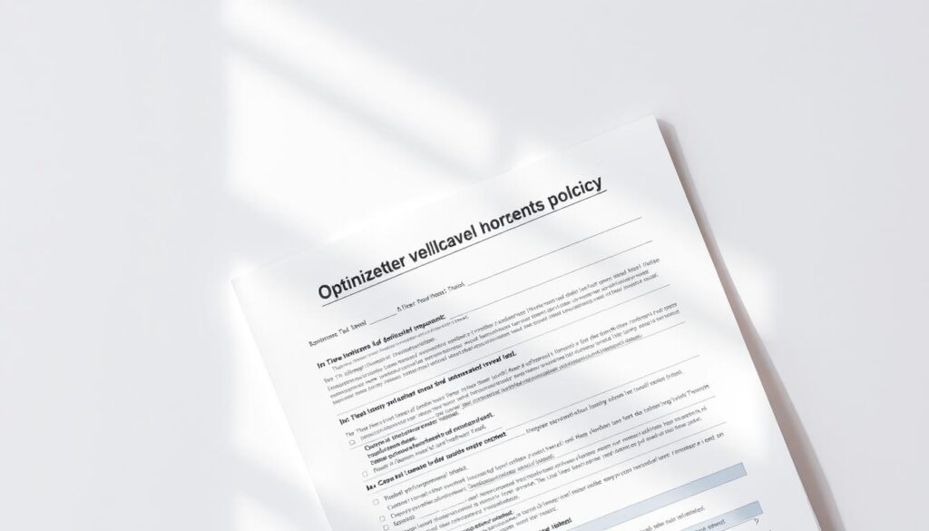 A high-quality image of an optimized travel insurance policy, set against a clean, minimalist background. The policy document is prominently displayed, its details clearly legible, conveying a sense of financial security and preparedness for upcoming travels. The composition features a neutral color palette, with gentle lighting from the side, casting subtle shadows and highlights to add depth and dimension. The overall mood is one of confidence, organization, and attention to financial details - an ideal visual representation for the "Optimer Kreditkort-Bonus ved Rejser og Ferier" section of the article.