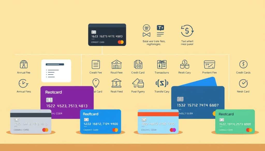A high-quality, meticulously detailed illustration of various credit card fees and charges, presented in a clear and organized manner. The foreground showcases a selection of credit cards with distinct designs and branding, while the middle ground depicts a series of icons and infographic-style visuals representing different fee types such as annual fees, transaction fees, balance transfer fees, and more. The background features a subtle, warm-toned gradient that provides a cohesive and visually appealing context. The overall composition is balanced, with a focus on simplicity and legibility to aid in the understanding of credit card fees and charges.