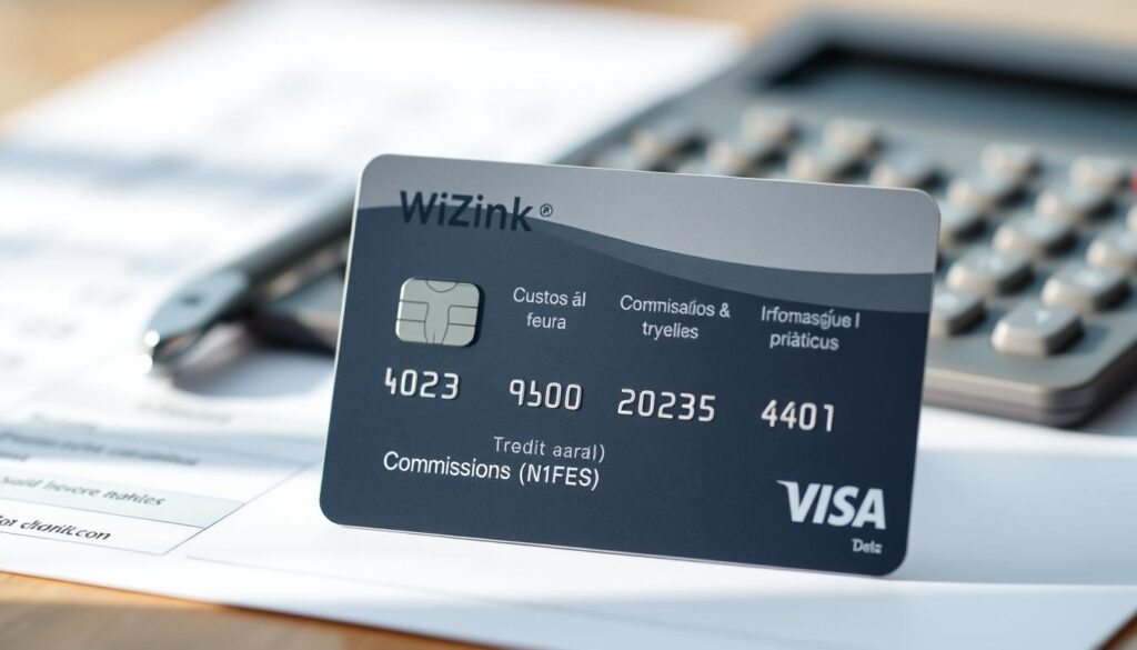 A high-quality, photo-realistic image of a WiZink Flex credit card with a clear and concise breakdown of the associated commissions and fees. The card should be positioned prominently in the foreground, with a clean and minimalist design. The background should feature a subtle, blurred financial or banking-themed setting, such as a desk, ledger, or calculator, to convey the practical, informative nature of the subject matter. The lighting should be soft and natural, creating depth and texture on the card's surface. The overall mood should be professional, informative, and visually appealing, perfectly suited to illustrate the "Custos, comissões e simulações práticas" section of the article. A high-quality, photo-realistic image of a WiZink Flex credit card with a clear and concise breakdown of the associated commissions and fees. The card should be positioned prominently in the foreground, with a clean and minimalist design. The background should feature a subtle, blurred financial or banking-themed setting, such as a desk, ledger, or calculator, to convey the practical, informative nature of the subject matter. The lighting should be soft and natural, creating depth and texture on the card's surface. The overall mood should be professional, informative, and visually appealing, perfectly suited to illustrate the "Custos, comissões e simulações práticas" section of the article.
