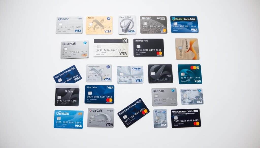 A high-quality photograph of various credit card types arranged in an organized display. The cards are neatly laid out on a clean, white surface, with different shapes, sizes, and colors to represent the diversity of credit card options. The lighting is soft and even, highlighting the intricate details and designs on the cards. The angle is slightly elevated, creating a clear and comprehensive view of the credit card selection. The overall mood is professional, informative, and visually appealing, conveying the key features and benefits of the main credit card types.