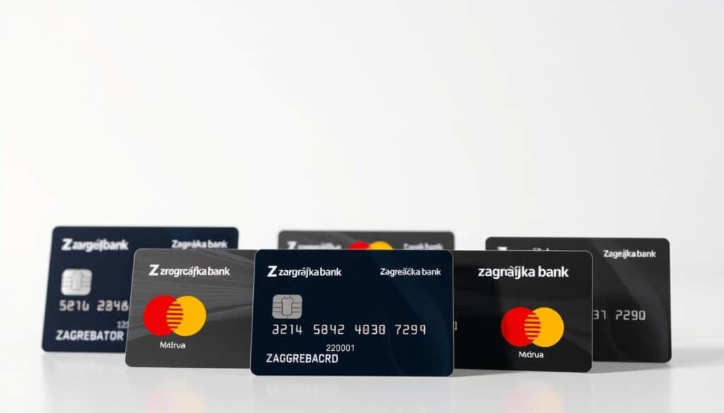 A high-quality, photorealistic image of various Mastercard credit cards offered by Zagrebačka banka. The cards are arranged in the foreground with a clean, minimal background. The cards feature the distinct Mastercard logo and branding, with a focus on showcasing the different card types and designs. The lighting is soft and evenly distributed, creating a sleek and premium aesthetic. The angle is slightly elevated, providing a clear and detailed view of the cards. The overall mood is professional, stylish, and representative of the financial institution's brand and product offerings.