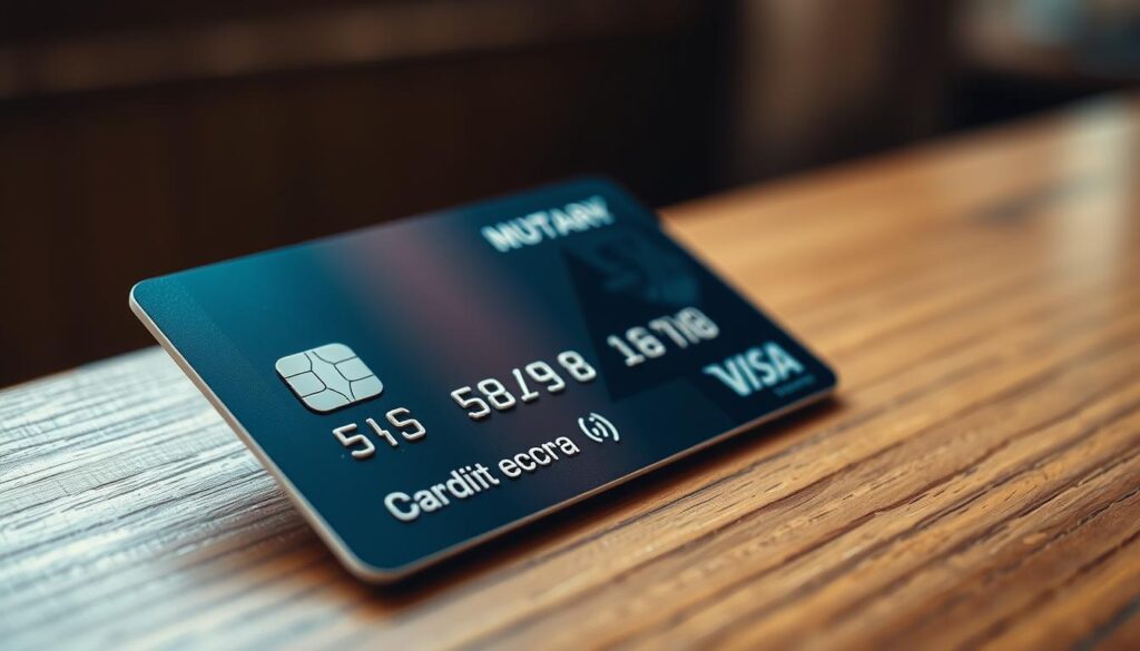 A high-quality, realistic-looking image of a credit card resting on a wooden table, with a subtle blur in the background. The card should be displayed prominently, showcasing its security features such as the chip, magnetic strip, and holographic elements. The lighting should be soft and natural, creating a warm, inviting atmosphere. The overall composition should convey a sense of security, trust, and attention to detail, reflecting the "safe and smart credit card usage" theme of the article section.