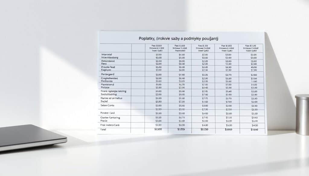 A high-quality spreadsheet displaying the detailed fees, interest rates, and usage conditions for the ČSOB Premium card. The spreadsheet is presented on a sleek, minimalist desk against a plain white background, illuminated by soft, natural lighting that casts gentle shadows. The layout is clean and organized, with clear headings and neatly arranged columns, conveying a sense of professionalism and financial sophistication. The overall mood is one of clarity, precision, and attention to detail, perfectly suited to illustrate the "Poplatky, úrokové sazby a podmínky používání" section of the article.