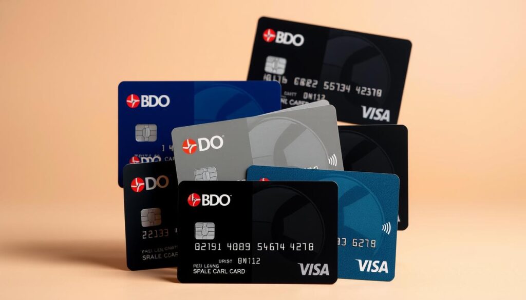 A high-quality, visually striking image of several BDO credit cards arranged in a stylish, organized manner. The cards are displayed against a clean, neutral background, with subtle highlights and shadows to create depth and dimension. The cards are shown from a slightly elevated angle, with a focus on capturing the intricate designs, logos, and textures of the cards. The lighting is soft and diffused, creating a warm, premium feel. The overall composition is well-balanced, with the cards taking up a significant portion of the frame, yet leaving enough negative space to create a sense of elegance and sophistication. The image should convey the prestige and reliability associated with BDO as a leading credit card provider in the Philippines. A high-quality, visually striking image of several BDO credit cards arranged in a stylish, organized manner. The cards are displayed against a clean, neutral background, with subtle highlights and shadows to create depth and dimension. The cards are shown from a slightly elevated angle, with a focus on capturing the intricate designs, logos, and textures of the cards. The lighting is soft and diffused, creating a warm, premium feel. The overall composition is well-balanced, with the cards taking up a significant portion of the frame, yet leaving enough negative space to create a sense of elegance and sophistication. The image should convey the prestige and reliability associated with BDO as a leading credit card provider in the Philippines.