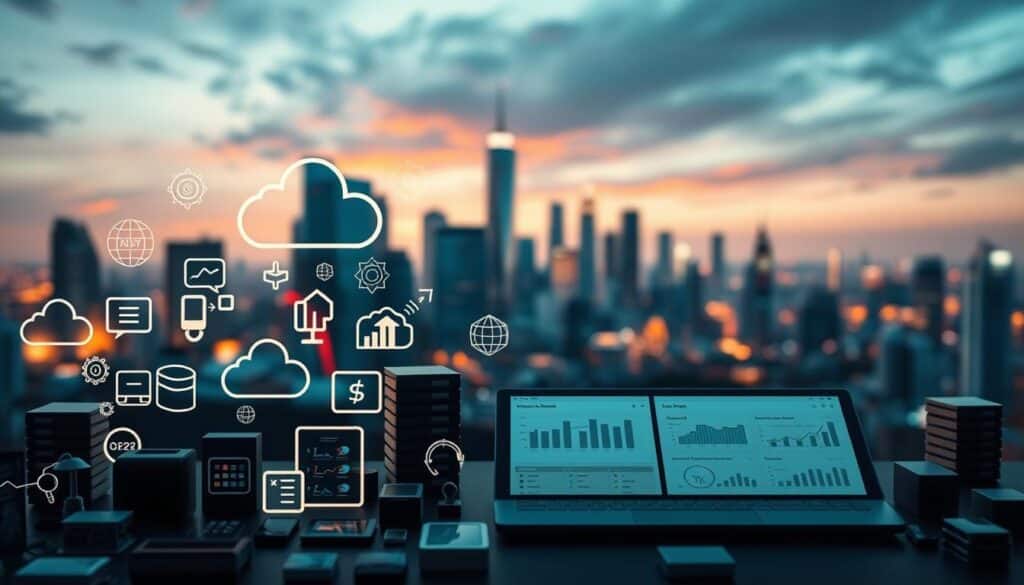 A high-resolution, cinematic image depicting a diverse array of digital assets and resources. In the foreground, various digital icons, symbols, and graphics such as cloud computing, databases, software applications, and mobile devices are arranged in a visually striking composition. The middle ground features a sleek, minimalist interface with integrated analytics dashboards, budgeting tools, and financial management software. In the background, a blurred cityscape with modern skyscrapers and a vibrant, neon-tinged skyline sets the scene, conveying a sense of technological advancement and economic progress. The image is rendered with a warm, slightly desaturated color palette, creating a professional, high-tech atmosphere. The lighting is dramatic, with strategic use of shadows and highlights to emphasize the digital elements. The camera angle is slightly elevated, giving the viewer a sense of oversight and control over the digital resources.