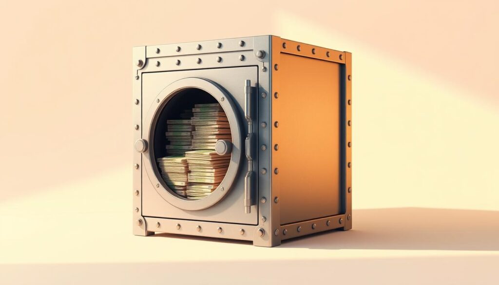 A high-resolution, detailed digital illustration of a sturdy, well-organized financial safety net, depicted as a large, heavy-duty metal container or vault filled with stacks of Swedish krona banknotes. The vault is set against a clean, minimalist background, with soft, warm lighting casting gentle shadows to emphasize the solidity and security of the fund. The composition places the vault prominently in the foreground, with a sense of depth and scale to convey its importance and reliability as a foundation for long-term financial stability and independence.