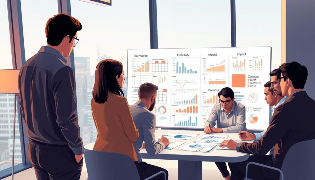 A high-resolution, detailed illustration of "riskianalüüs" in a modern, clean style. In the foreground, a group of people gathered around a table, intensely discussing risk assessment charts and data visualizations. The middle ground features a large whiteboard with risk matrices, probability-impact diagrams, and other analytical tools. The background showcases a sleek, minimalist office setting with large windows overlooking a cityscape. Warm, directional lighting illuminates the scene, creating depth and highlighting the professionals' focused expressions. The overall atmosphere conveys a sense of calculated strategy, thorough analysis, and data-driven decision making.