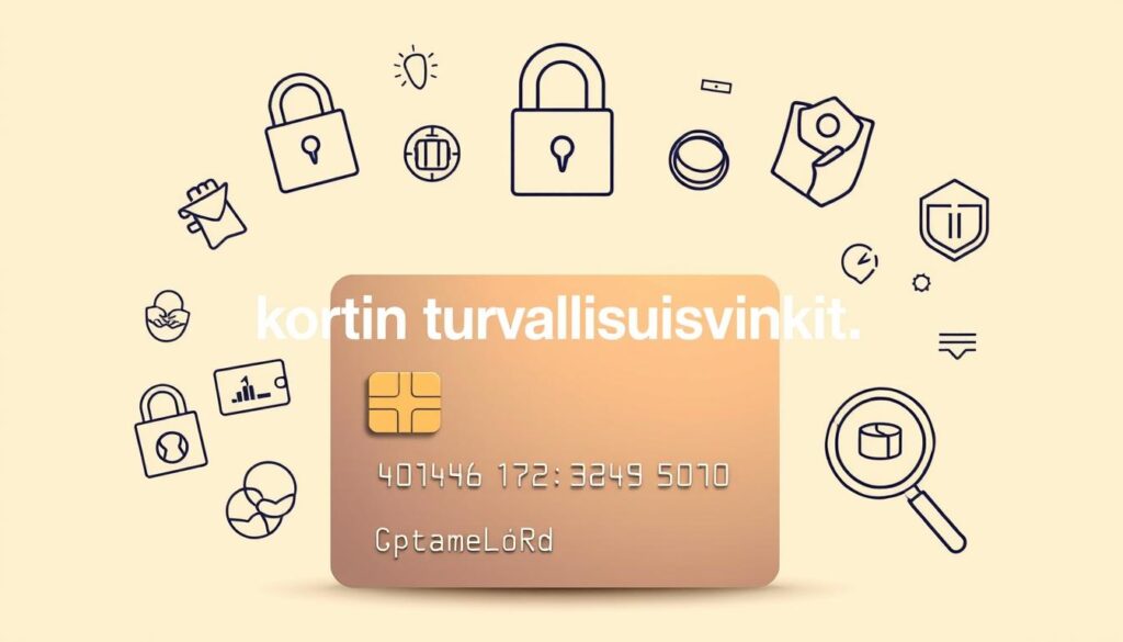 A high-resolution, detailed illustration showcasing a set of security and responsible usage tips for a classic banking card. Set against a soft, warm-toned backdrop, the foreground features the card itself, depicted with a crisp, realistic style, emphasizing the subtle textures and materials. Surrounding the card are various safety-related icons and graphics, such as a lock, a shield, and a magnifying glass, arranged in an aesthetically pleasing, harmonious composition. The middle ground includes a clean, minimalist typographic treatment of the Finnish text "kortin turvallisuusvinkit," conveying the key message in a clear and legible manner. The overall mood is one of trustworthiness, reliability, and responsible financial practices, reinforcing the themes of the article's subject and section title. A high-resolution, detailed illustration showcasing a set of security and responsible usage tips for a classic banking card. Set against a soft, warm-toned backdrop, the foreground features the card itself, depicted with a crisp, realistic style, emphasizing the subtle textures and materials. Surrounding the card are various safety-related icons and graphics, such as a lock, a shield, and a magnifying glass, arranged in an aesthetically pleasing, harmonious composition. The middle ground includes a clean, minimalist typographic treatment of the Finnish text "kortin turvallisuusvinkit," conveying the key message in a clear and legible manner. The overall mood is one of trustworthiness, reliability, and responsible financial practices, reinforcing the themes of the article's subject and section title.